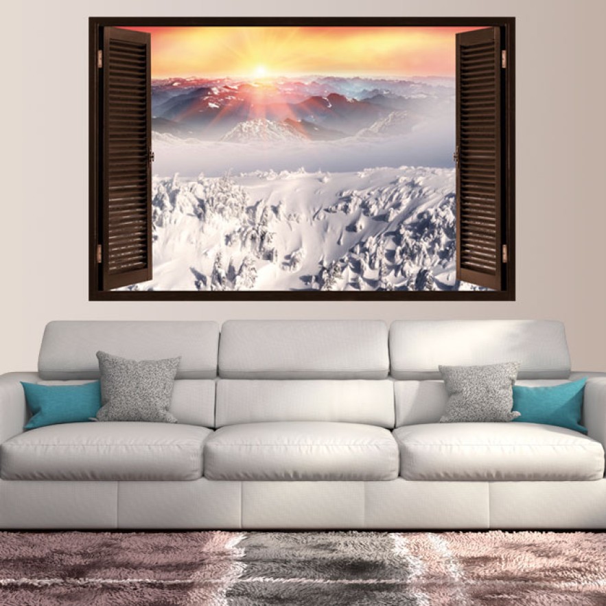 Ventanas 3d montañas nevadas al atardecer