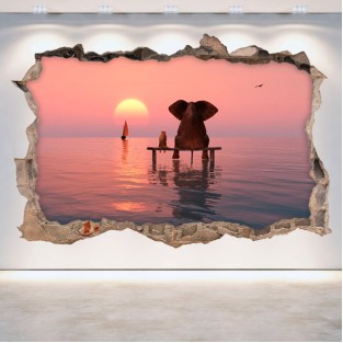 Vinilo agujero pared 3d elefante y perro Vinilo agujero pared 3d elefante y perro