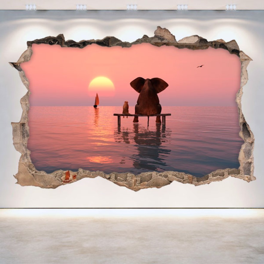 Vinilo agujero pared 3d elefante y perro
