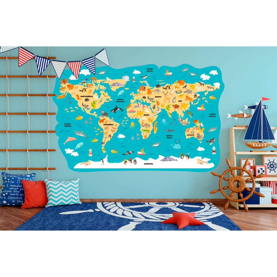 Vinilo decorativo infantil mapamundi animales
