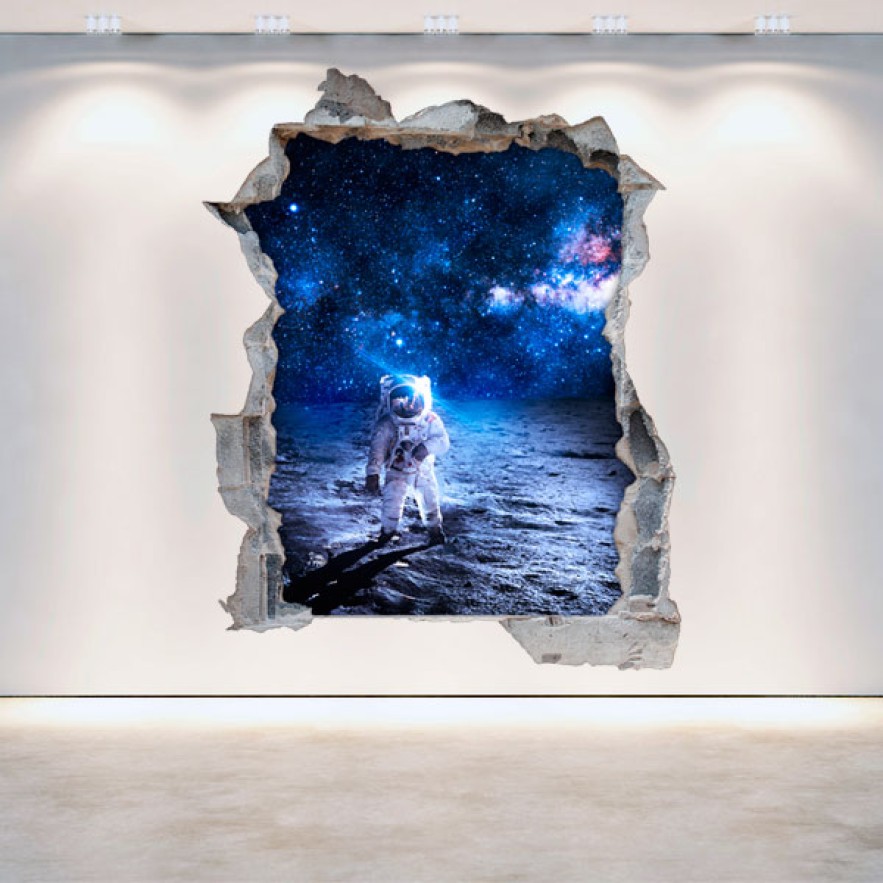 Vinilos 3d pared rota astronauta en la luna