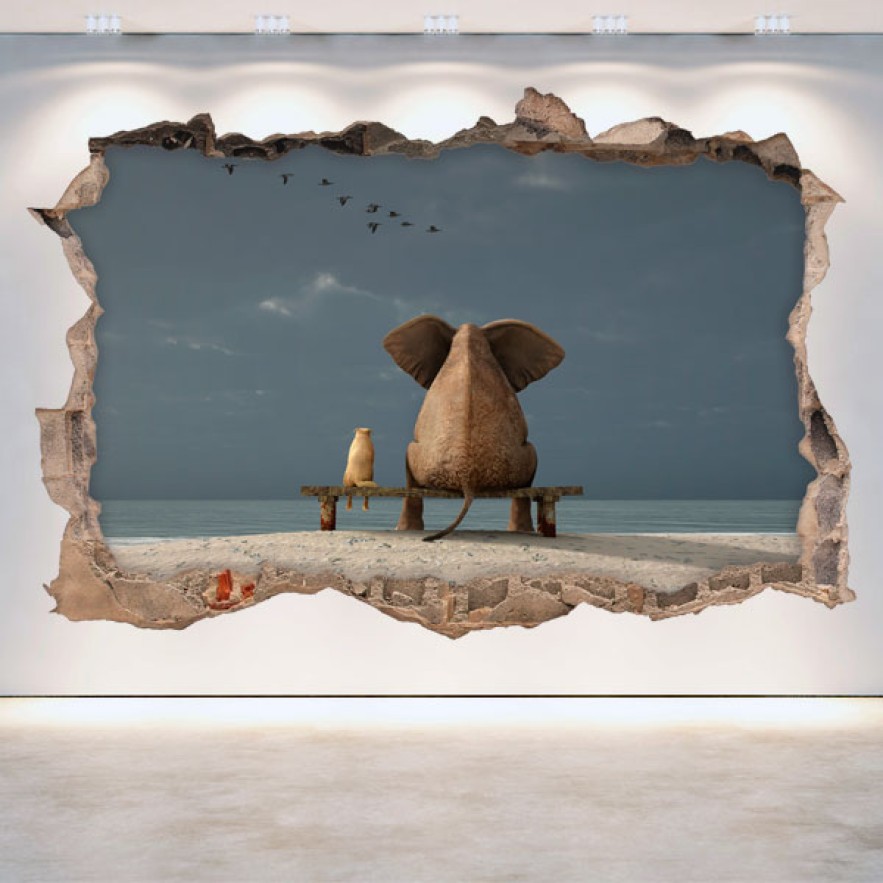 Vinilos agujero pared elefante y perro 3d