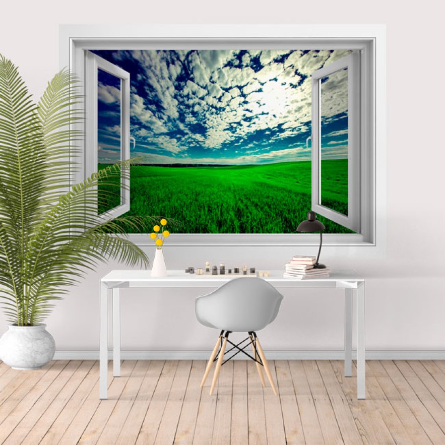 Vinilos ventanas 3d atardecer en el campo