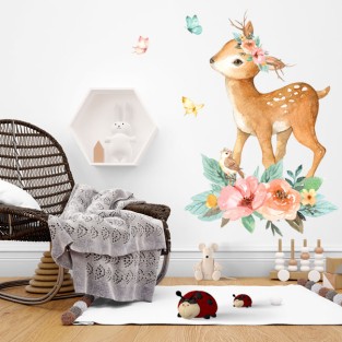 Vinilos bambi con pajarito flores y mariposas en acuarela Vinilos bambi con pajarito flores y mariposas en acuarela