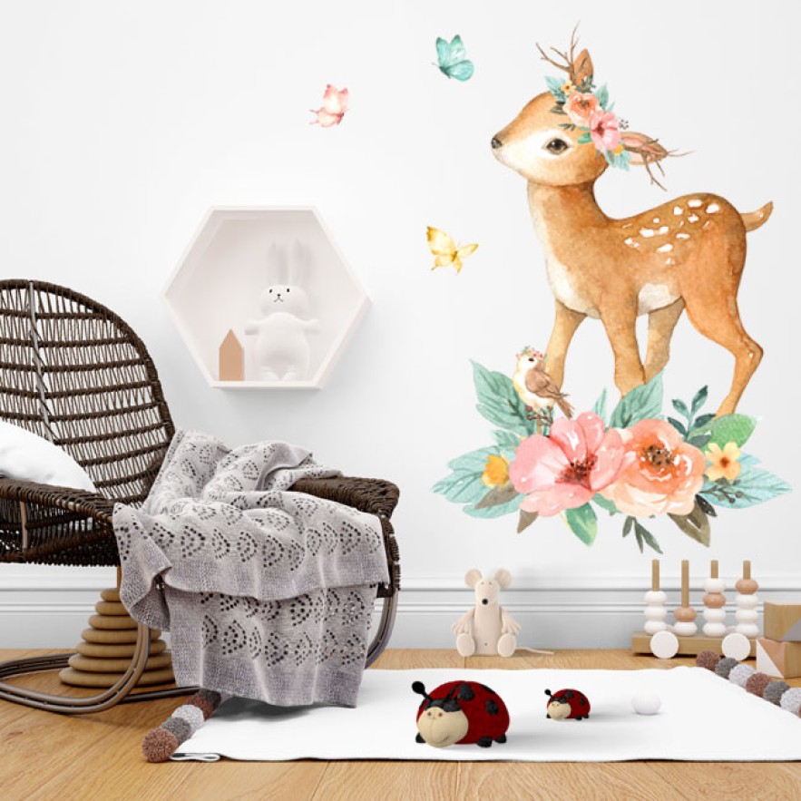 Vinilos bambi con pajarito flores y mariposas en acuarela