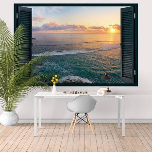 Vinilos ventana 3d atardecer isla tropical