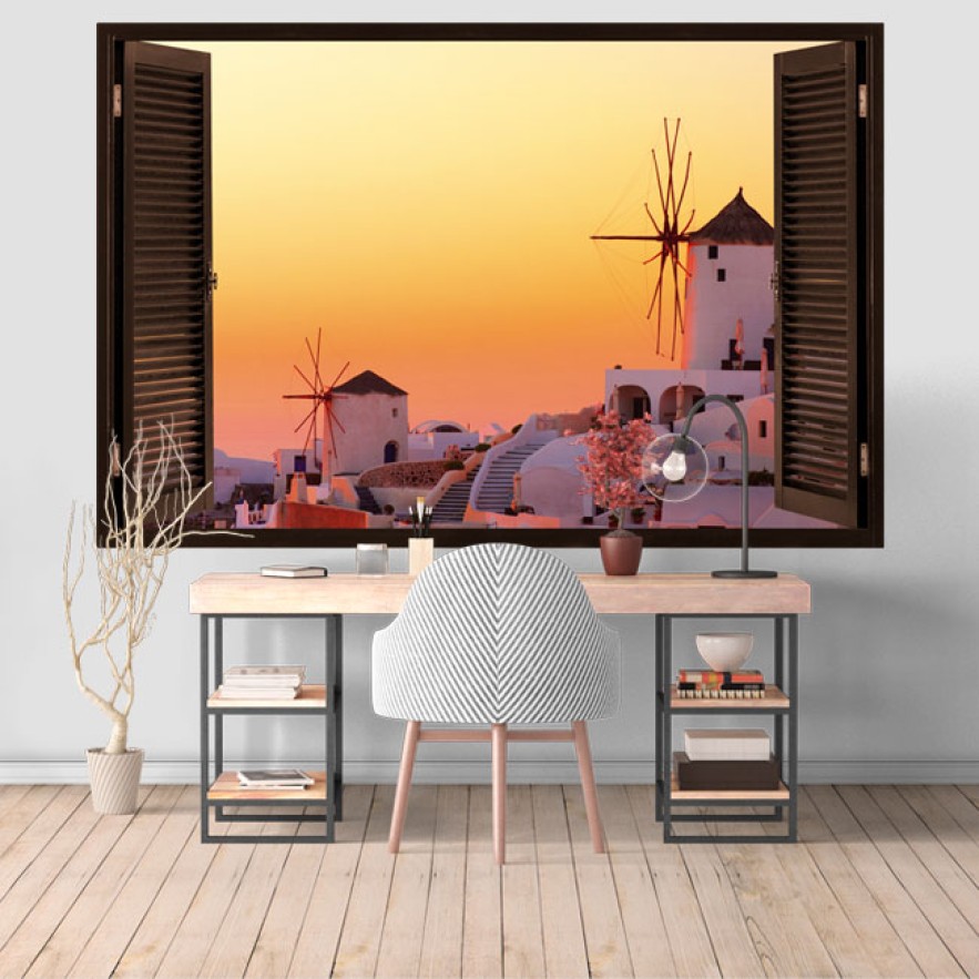 Vinilos ventanas 3d atardecer en isla santorini grecia