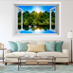 Vinilos ventanas 3d cisnes en el lago