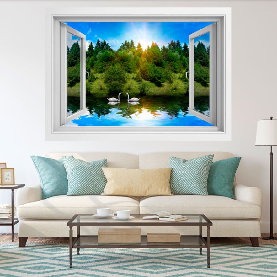 Vinilos ventanas 3d cisnes en el lago
