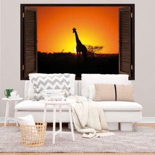 Vinilos ventana 3d jirafa al atardecer