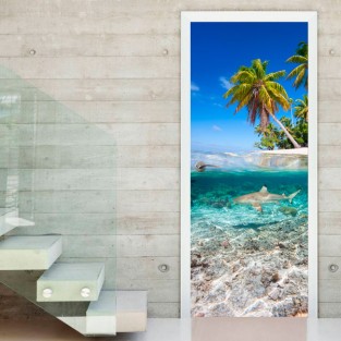 Vinilos decorativos para puertas playa caribeña con tiburón