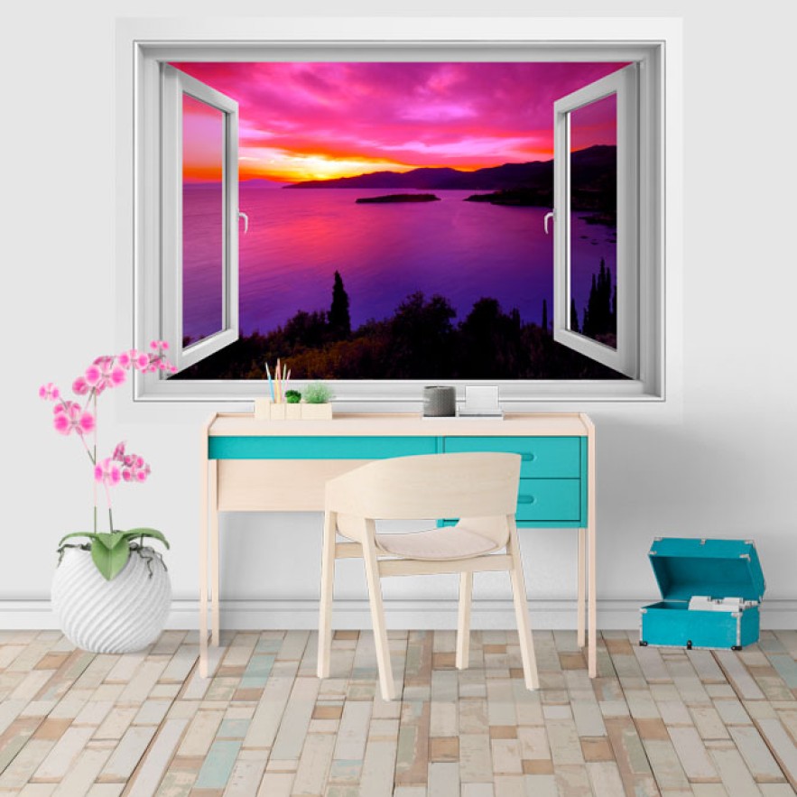 Vinilos decorativos ventana 3d atardecer en grecia