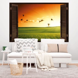 Vinilos decorativos ventana aves al atardecer 3d Vinilos decorativos ventana aves al atardecer 3d