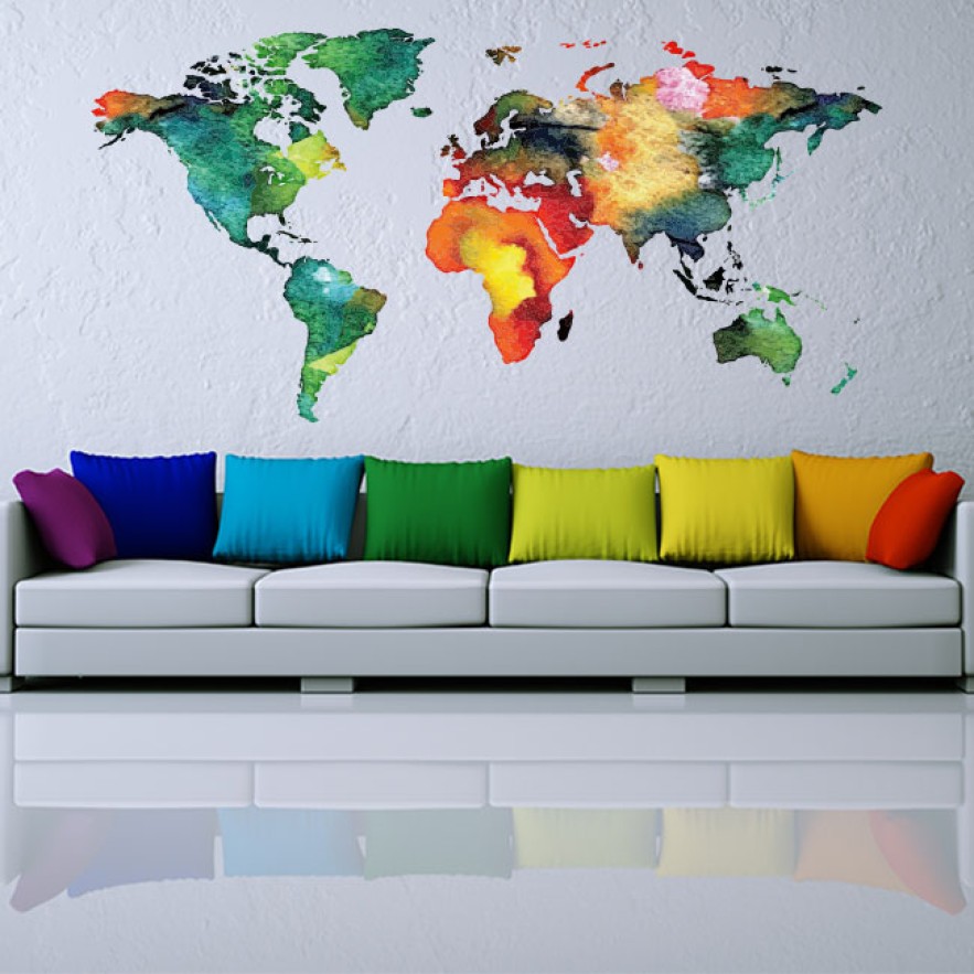 Vinilos decorativos mapamundi acuarela colores