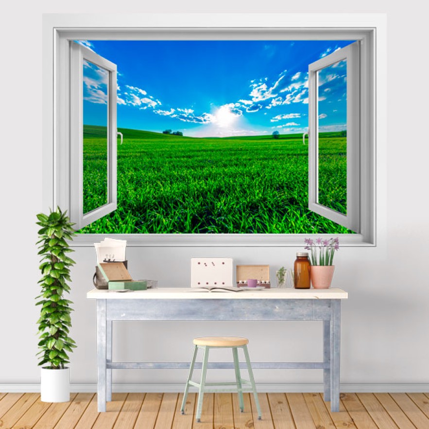 Vinilos ventanas 3d puesta de sol en el campo