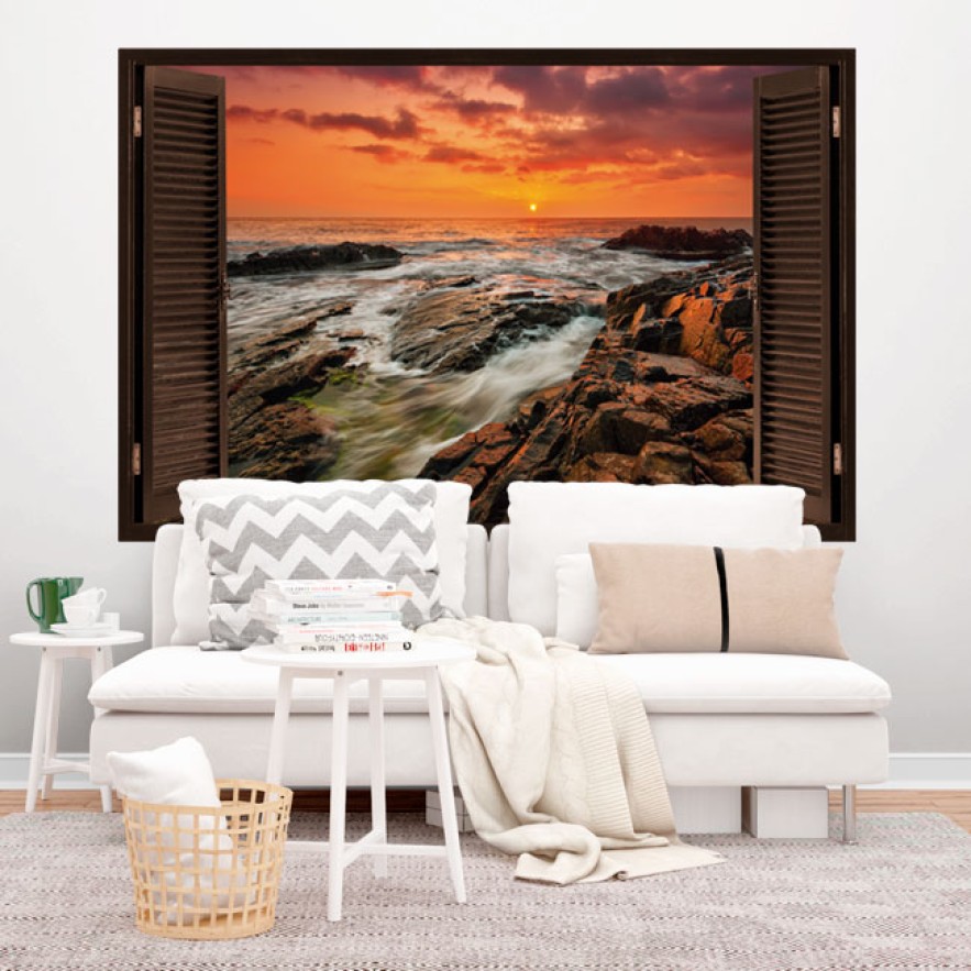 Ventana 3d amanecer en la costa