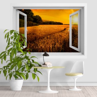 Vinilos ventanas 3d atardecer en el campo de trigo