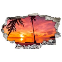 Vinilos agujero 3d palmeras al atardecer en la playa