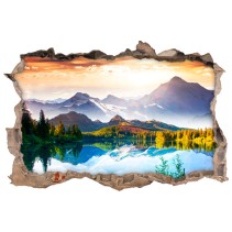 Vinilos agujero 3d atardecer lago y montañas