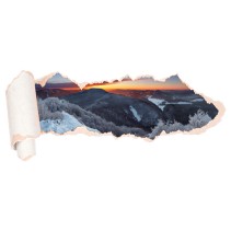 Vinilo papel rasgado 3d atardecer montañas nevadas