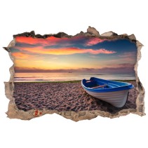 Vinilos agujero 3d atardecer con barca en la playa