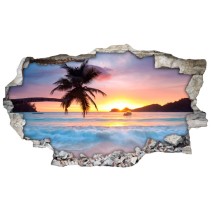 Vinilos agujero 3d palmera al atardecer en la playa