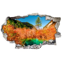 Vinilos agujero 3d lago colorido entre montañas