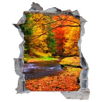 Vinilos agujero 3d paisaje árboles y río en otoño