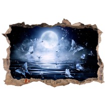 Vinilos agujero 3d vista luna llena y mariposas en el mar