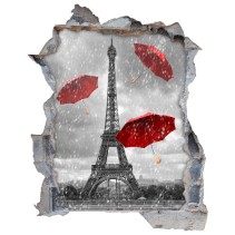 Vinilos agujero 3d torre eiffel paraguas rojos y lluvia