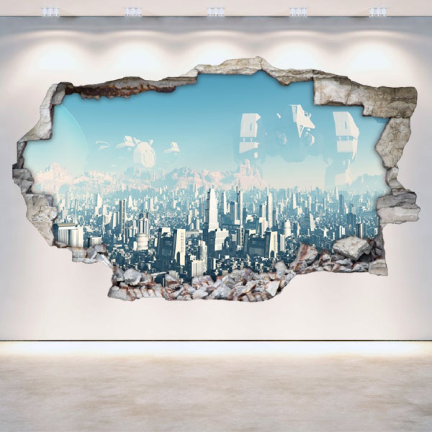Vinilos agujero 3d panorámica ciudad ciencia ficción