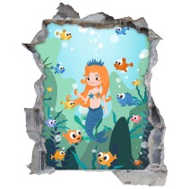 Vinilos infantiles agujero 3d sirenita con peces