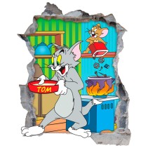 Vinilos decorativos agujero 3d gato y ratón tom y jerry