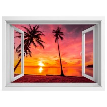 Vinilos ventanas 3d palmeras al atardecer en la playa