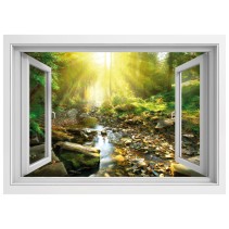 Vinilos ventana 3d atardecer río en el bosque