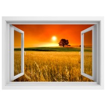 Vinilos efecto ventana 3d árboles en el campo al atardecer