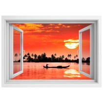 Vinilos ventana 3d atardecer tropical con palmeras
