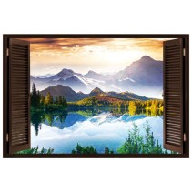 Vinilos ventana 3d puesta de sol lago y montañas