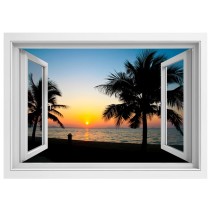 Vinilos decorativos ventana 3d puesta de sol en la playa