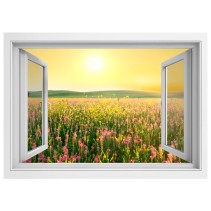 Vinilos efecto ventana 3d atardecer flores campo