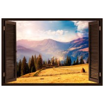 Vinilo efecto ventana 3d sol en las montañas