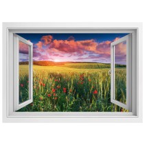 Vinilos ventanas 3d amapolas en el campo al atardecer