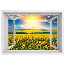 Vinilos ventana 3d atardecer campo de girasoles