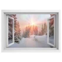Vinilo efecto ventanas 3d rayos de sol montañas nevadas