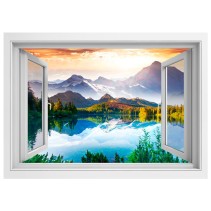 Vinilos efecto ventana 3d puesta de sol lago y montañas