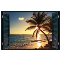 Vinilo efecto ventana 3d atardecer en la playa
