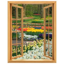 Vinilos efecto ventana 3d a jardín flores y tulipanes