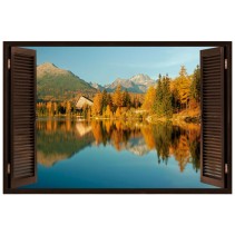 Vinilo ventana 3d  paisaje lago y montañas