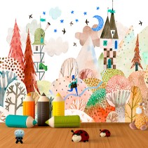 Fotomural o papel pintado acuarela infantil camino castillo
