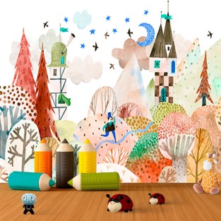Fotomural o papel pintado acuarela infantil camino castillo Fotomural o papel pintado acuarela infantil camino castillo